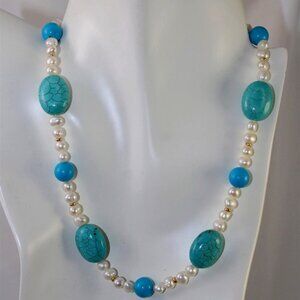Vintage Zoë B. Turquoise Bead & Pearl 16" Necklace with 14K Gold Lobster Clasp